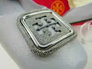 NIB TORY BURCH GEORGIA BAY GRAY GOAT LEATHER LOGO GRYSTALS REVA FLATS 7.5