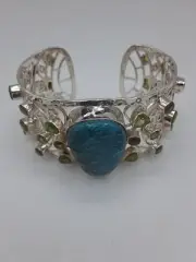 Turquoise,Peridot Cuff Bracelet In Sterling Silver (7.25 in) 66.75 gr 43.00 ctw