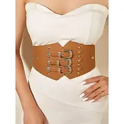 Women's Wide Elastic Waist Belt with Triple Vintage Buckles – Faux Leather Gothic Corset Cincher for Dresses and Costumes