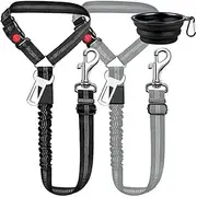 Dog car seat Belt, 2 Packs Dog car seat Belt Adjustable Elastic Bungee Cushion, 2 in 1 pet car Leash headrest Restraint Dog Reflective Safety Rope-(Black+Gray,complimentary 1 Folding Dog Bowl)