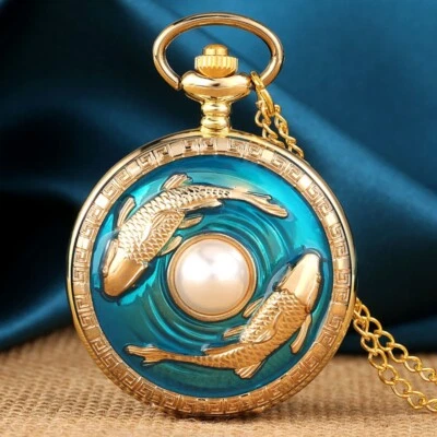 Creative Goldem Pisces Pearl FOB Quartz Pocket Watch Arabic Number Sweater Chain