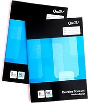 Quill, Premium Exercise Book A4, 96 Pages, 8mm Ruled with Red Margin, Pack 2, Durable Water Resistent Cover