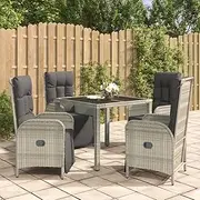 5 Piece Grey Poly Rattan Garden Dining Set with Cushions - Patio Furniture with Reclining Chairs and Tempered Glass Table, Outdoor Wicker Conversation Set for Porch, Balcony, or Garden -