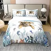 Feelyou Boys Girls Ocean Comforter Cover Queen(No Comforter), Cute Dog Marine Life Bedding Set Beach Coastal 100% Cotton Duvet Cover Kids Sea Underwater World Teens Bedroom Decor with 2 Pillow Case