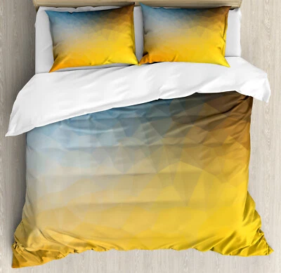 Yellow and Blue Duvet Cover Set with Pillow Shams Polygon Fractal Print