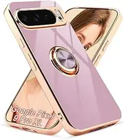 [Aitipy] for Google Pixel 9 Pro XL Case with 360° Rotation Ring Holder Magnetic Stand, Luxury Shiny Plating Edge Shockproof Electroplated Protective Cases (Purple/Golden)