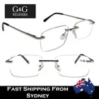Mens Optical Reading Glasses Rimless Lens Silver Metal Frame Spring Loaded Hinge