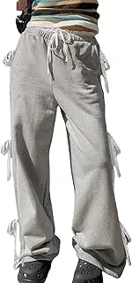 [Quzzion] Women's Baggy Wide Leg Sweatpants Bow Tie Side High Waisted Drawstring Waist Sweat Pants