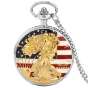 Steampunk Quartz Pocket Watch American Flag Gold Statue of Liberty Case Pendant