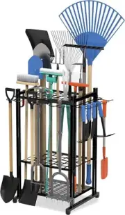 Garden Tool Organizer with Storage Hooks, Yard Tool Tower Rack for Garage Organ