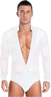 [Vxuxlje] Mens Shiny Sequin Fringe Latin Dance Leotard Deep V Neck Long Sleeve Bodysuit Dancewear