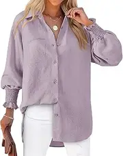 [Bellcoco] Womens Striped Button Down Shirts Smocked Puff Sleeve Boyfriend Blouse Collar Oversized Work Tops with Pocket, No-striped&grey Pink, Small
