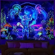 Black-Light Astronaut Jellyfish Tapestry, Trippy Mushroom Tapestry, UV Reactive Fantasy Plants Wall Hanging, Psychedelic Neon Galaxy Space Tapestry (M)