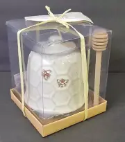 NIB Pottery Beehive Honey Pot Dipper Set 4" Tall
