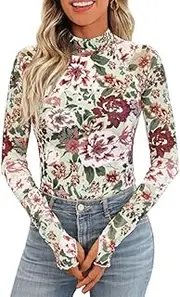 [FLORENCE IISA] Women's Floral Mesh Long Sleeve Tops - Sheer Lace Mockneck Layering Shirt, Leopard Print for Fashion Spring Outfits 2025