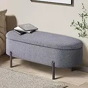 Oikiture Storage Ottoman Oval Linen Ottoman Bench Footstool 98CM Storage Box Chest for Home Bedroom Furniture Toy, Grey