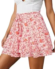 [BUNSLOOM] Women's Short Boho Lightweight Summer Skirt Wide Shorts Double Layer Ruffle Chiffon Skirt Holiday Flowers Mini Skirt Shorts, orange, S