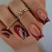 Red Waves False Nail Short Square French Tips Press on Nails for Nail Art 24pcs