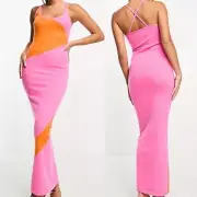 ASOS Style Cheat colorblock knit bodycon maxi dress neon pink orange colorful L