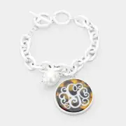 Tortoise Monogram Initial G Script Bracelet Chain Link Toggle silver 7- 8.5"