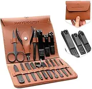 Hayvenhurst Nail Kit - Nail Clipper Set - Manicure Set - 15 Stainless Steel Pieces Manicure Kit For Men’s - Pedicure Kit With Nail Clippers For Men - Mens Grooming Kit With Luxurious Brown Leather portable Travel Case by