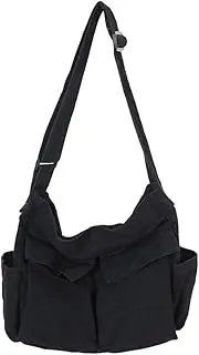 [Generic] Canvas M Enger Bag Large Hobo Crossbody Bag with Mult e Pockets Canvas Shoulder Tote Bag for Women and Men Black