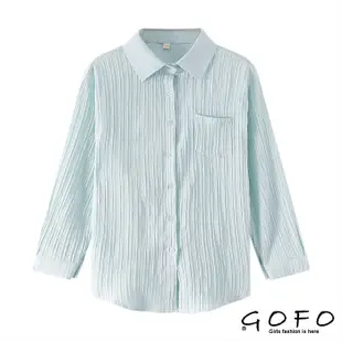 GOFO 長袖襯衫 韓系顯瘦 設計感 淺藍色 休閒寬鬆 素面女生襯衫 防曬衫 女生衣著 女生上衣