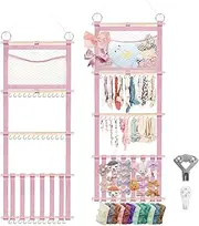 Munzong Headband Holder 52x17 inch, Pink Hair Bow Clip Organizer for Baby Girls, 4 Tier Wall Hanging Headband Shelf w/Mesh Bag, Large Nursery Hair Accessories Storage Hanger for Toddler Women