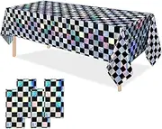 OQOQ Iridescent Checkered Tablecloth (4 Packs, Black&Sliver) - 54x108 Inches Iridescent Party Decorations Rectangular Disposable Plastic Table Cover for Graduation Birthday Disco Retro Race Party