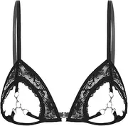 [GRRKDFQ] Women's Erotic Costumes Open Cup See Through Sheer Lace Bras Metal Rings Linked at Bust Bralette