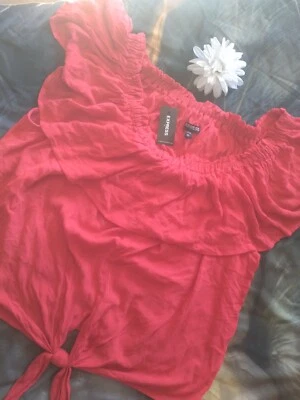 Express Top XL Melon Coral Flirty Tie Front Off Shoulder Top 100% Rayon New