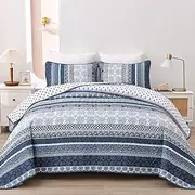 WONGS BEDDING Boho Quilt Set California King Size, Navy Blue Bohemian 3 Pieces Quilt Sets, Lightweight Microfiber Bedspread Coverlet Bedding Set for All Season (96"x106")