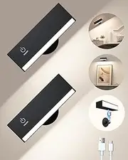 Rechargeable Wall Sconces Battery Operated Set of 2, Wall Mounted Bedside Lamps, Removable 360° Rotate Magnetic Black Wall Lights for Bedroom,Picture,Living Room,Vanity