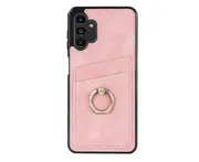 Full Protection Cover for Samsung Galaxy A13, 2 Cards PU Leather Case with Ring Holder - Pink