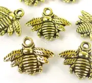 10 Honey Bee Charms Antique Golden Pewter Honeybee 16x21mm