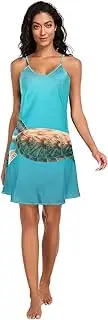 [RPLIFE] Turtle Deep Sea Blue Satin Slip Dress, V Neck Sleeveless Night Shirts for Women, S-XXL