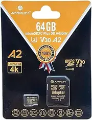 Amplim Micro SD Card 64GB | MicroSD Memory Plus Adapter | A2 MicroSDXC U3 Class 10 V30 UHS-I for Nintendo, GoPro Hero, Surface, Phone, Camera Cam, Tablet | Black