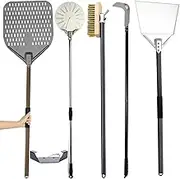 5 Piece Pizza Oven Utensil Set of 5 Perforated 14" Square Pizza Peel and 9" Round Pizza Spatula 43" Copper Oven Brush and Steel Scraper 44" Cleaning Rake 41.3" Ash Shovel