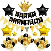 Black Gold Birthday Decorations Set, 38pcs Black Gold Party Balloons with Birthday Banner Glitter Pennant Banner Confetti and Crown Balloons Women Men Party Decorations