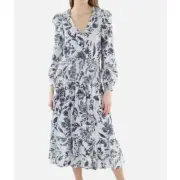 Aqua L40007 Womens Blue Multi Linen Blend Smocked Midi Dress Size S