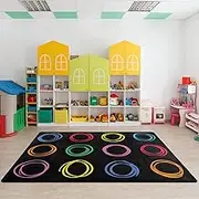 Kids Rug, Classroom Carpets Playmat Rugs, 5x7 Ft Kids Carpet with Rubber Backing, Colorful Circles Children's Classroom Seating Rug Nursery Rugs for Kids Room, Playroom or Elementary, Black, Seats 12