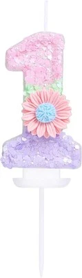 Number 1 Candle with 3D Pink Daisy and Sweet Pastel Color-Blocked Sequins 1