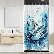Coxila Funny Cat Shower Curtain 36x72 Inch Stall Harf Mini Size Stand up Cute Animal Riding Whale Ocean Wave Fish Hilarious Bathroom Polyester Fabric 7 Pack Hooks