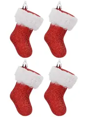 Red Glitter With White Cuff Christmas Stocking Hanging Decoration - 4 x 10cm