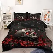 CCoutueChen Gothic Comforter Set Queen Size Black Red Skeleton Crow Comforter Romantic Rose Floral Human Skull Bedding Set 3 Pcs (1 Comforter, 2 Pillowcases)