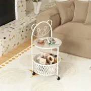 Costway2-Tier Mobile Glass Coffee Table with Bear Pattern-White