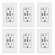 Efficient 30W USB Wall Outlet with Screwless Plate - 20A, 6 Pack, Matte White