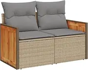 vidaxl 2-Seater Garden Sofa with Cushions - Patio Rattan Couch, Beige and Light Grey Cushions, Modular Design, Outdoor Furniture for Garden, Deck, Patio - Weather-Resistant Seating with Storage