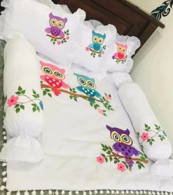 Hand painted 6 Piece New born Baby Beddings Owl flat Pillow and Case( All set)