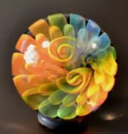 MARCOSE WALTON GLASS MARBLE/1.334"-TEAL DICHROIC/DOUBLE SWIRL-GREEN, YELLOW,ORG+